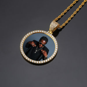 iced out custom personalised photo pendant yellow gold with gold rope chain