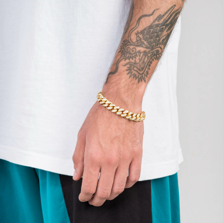 12mm iced out cuban link bracelet yellow gold