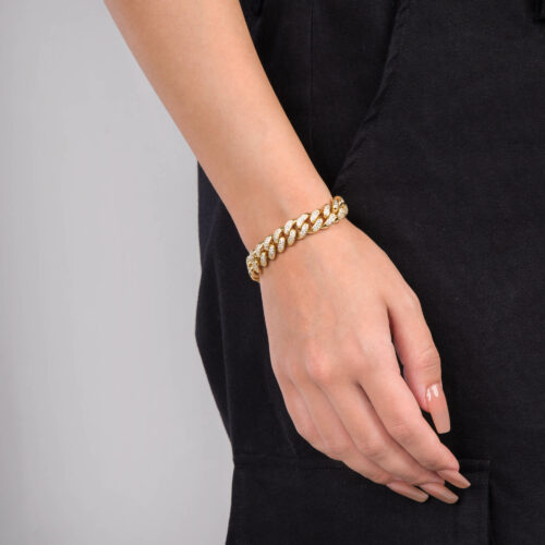 12mm iced out cuban link bracelet yellow gold on woman