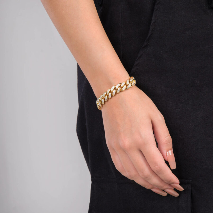 12mm iced out cuban link bracelet yellow gold on woman