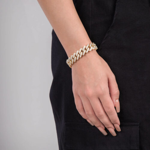 15mm iced out prong bracelet yellow gold on woman
