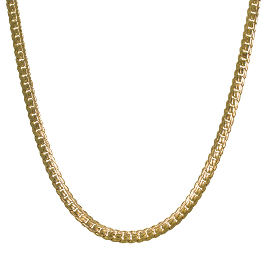 classic snake style chain necklace minimal simple gold stainless steel on white background