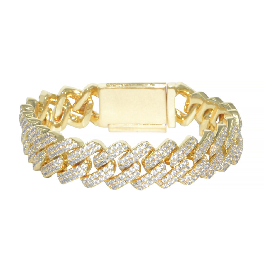 15mm iced out prong bracelet gold on white backround