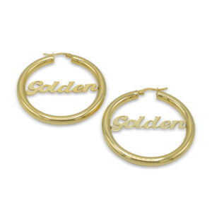 personalised custom handmade letter name hoop earrings gold on white background