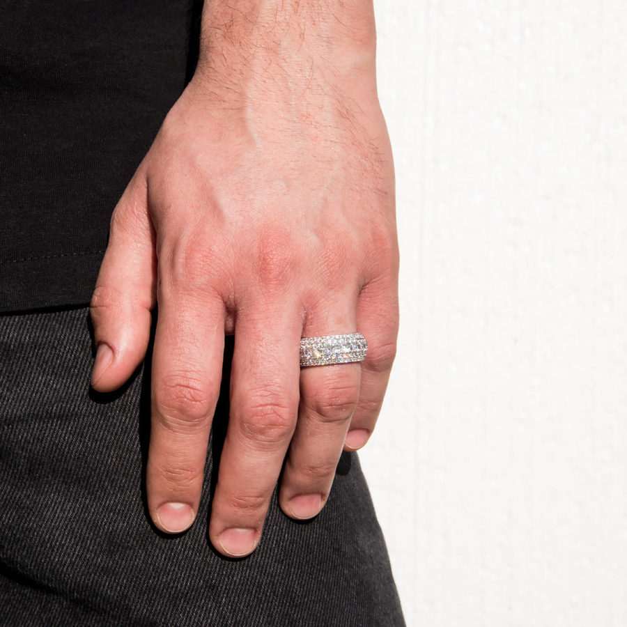 iced out diamond round ring silver on man