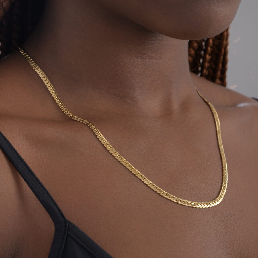 minimal small everyday chain unisex gold snake link stainless steel waterproof on black skin girl