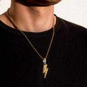 iced out bolt pendant necklace yellow gold on man