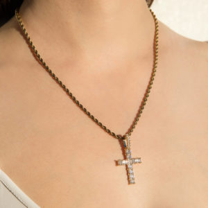 iced out cross pendant rope chain necklace yellow gold
