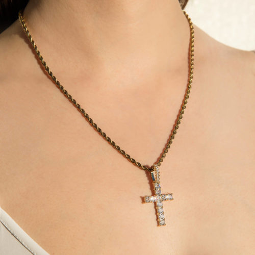 iced out cross pendant with rope chain necklace yellow gold on woman