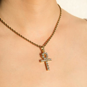 iced out egyptian cross pendant with rope chain necklace yellow gold the key of life on woman
