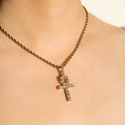 iced out egyptian cross pendant with rope chain necklace yellow gold the key of life on woman